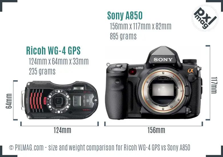 Ricoh WG-4 GPS vs Sony A850 size comparison