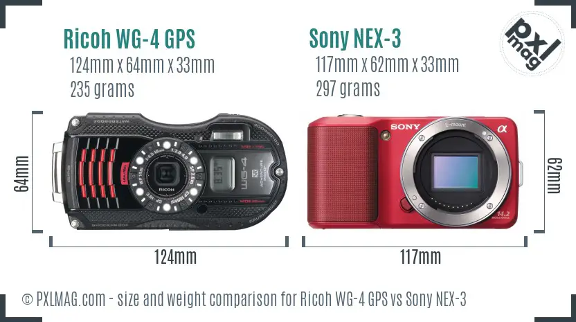 Ricoh WG-4 GPS vs Sony NEX-3 size comparison