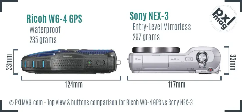 Ricoh WG-4 GPS vs Sony NEX-3 top view buttons comparison