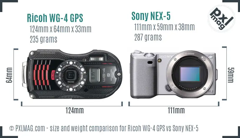 Ricoh WG-4 GPS vs Sony NEX-5 size comparison