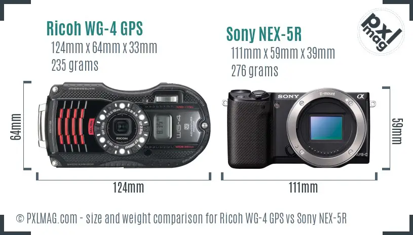 Ricoh WG-4 GPS vs Sony NEX-5R size comparison