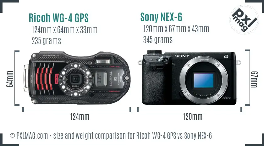 Ricoh WG-4 GPS vs Sony NEX-6 size comparison
