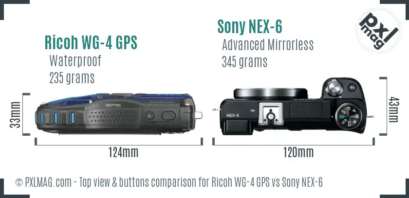 Ricoh WG-4 GPS vs Sony NEX-6 top view buttons comparison
