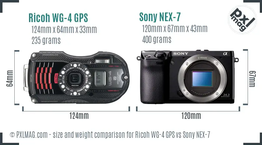 Ricoh WG-4 GPS vs Sony NEX-7 size comparison