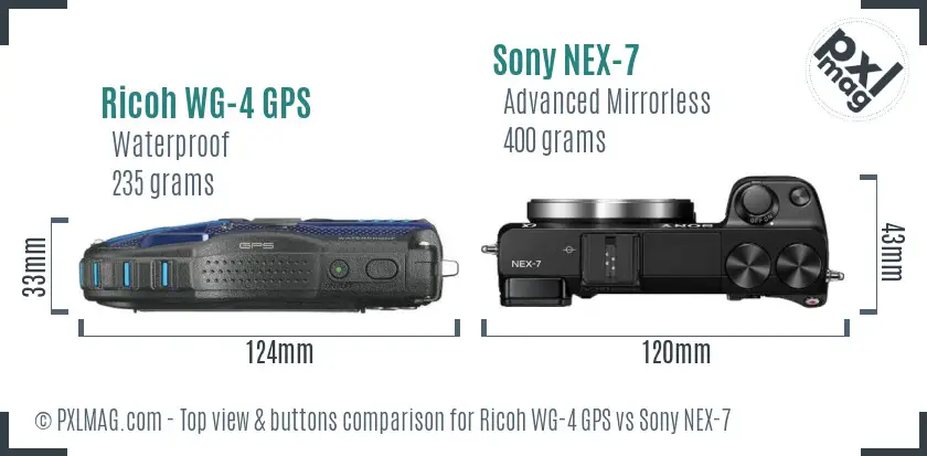 Ricoh WG-4 GPS vs Sony NEX-7 top view buttons comparison