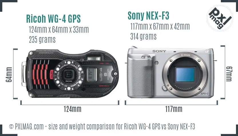 Ricoh WG-4 GPS vs Sony NEX-F3 size comparison