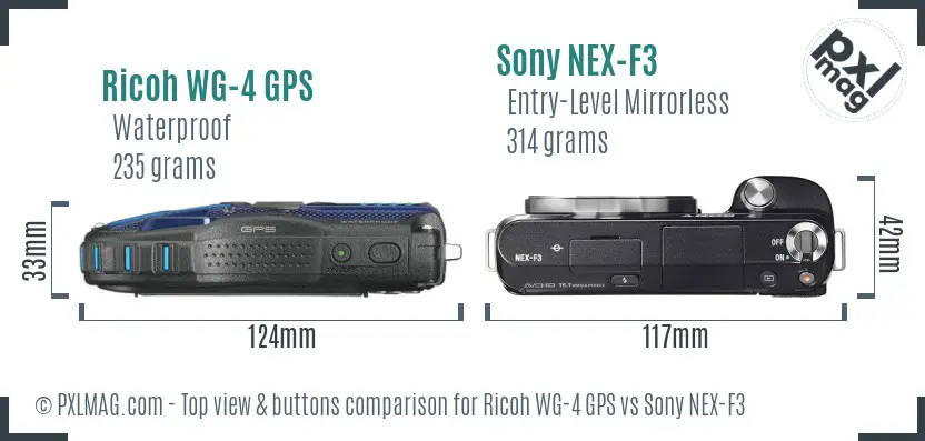 Ricoh WG-4 GPS vs Sony NEX-F3 top view buttons comparison