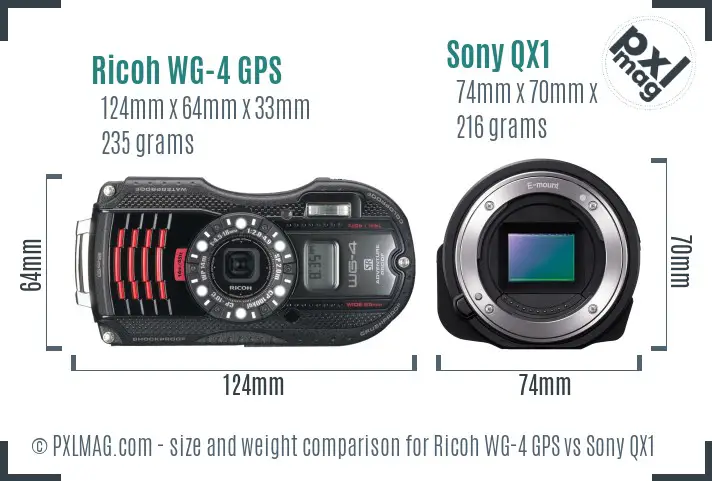Ricoh WG-4 GPS vs Sony QX1 size comparison Ricoh WG-4 GPS vs Sony QX1 size comparison