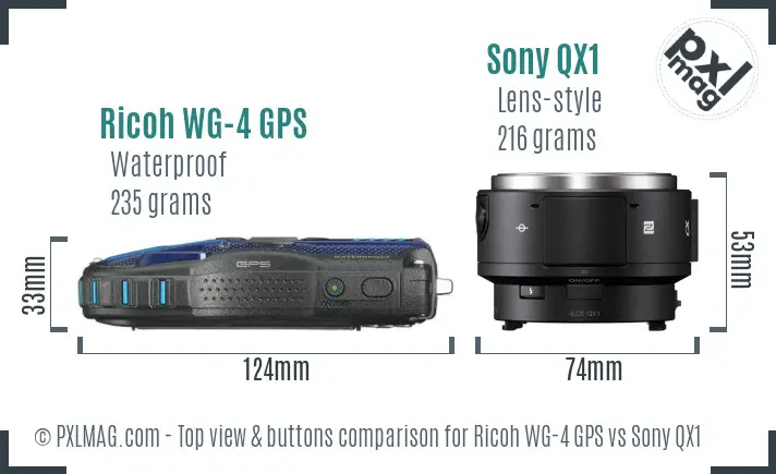 Ricoh WG-4 GPS vs Sony QX1 top view buttons comparison Ricoh WG-4 GPS vs Sony QX1 top view buttons comparison