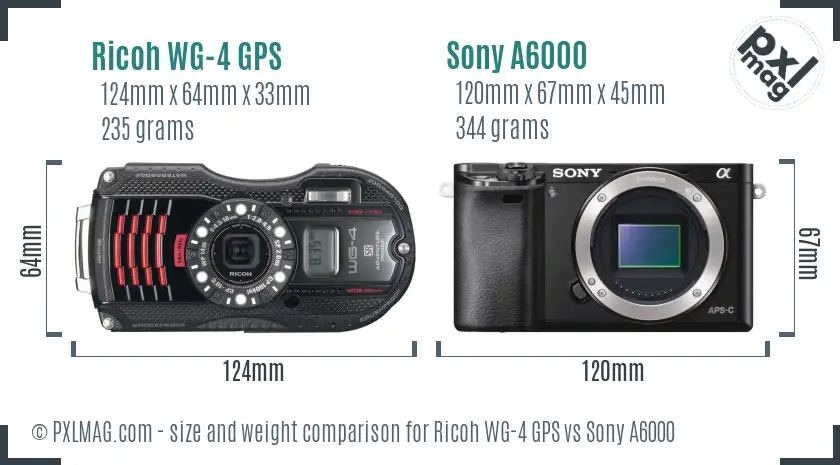 Ricoh WG-4 GPS vs Sony A6000 size comparison