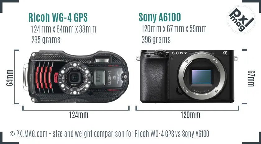 Ricoh WG-4 GPS vs Sony A6100 size comparison