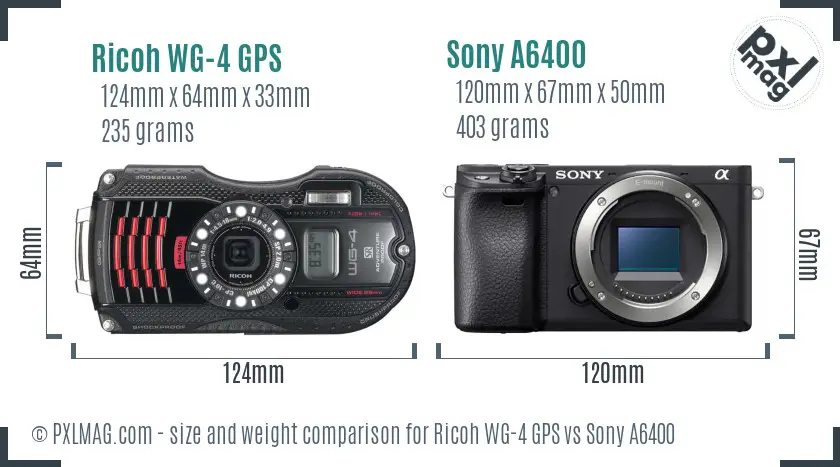 Ricoh WG-4 GPS vs Sony A6400 size comparison