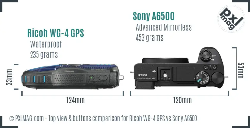 Ricoh WG-4 GPS vs Sony A6500 top view buttons comparison Ricoh WG-4 GPS vs Sony A6500 top view buttons comparison