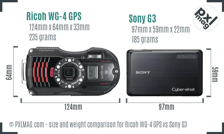 Ricoh WG-4 GPS vs Sony G3 size comparison