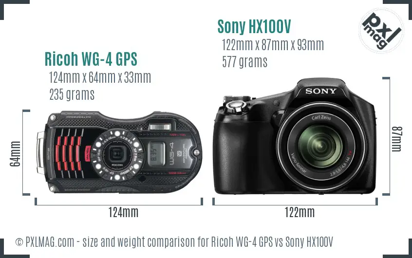 Ricoh WG-4 GPS vs Sony HX100V size comparison Ricoh WG-4 GPS vs Sony HX100V size comparison