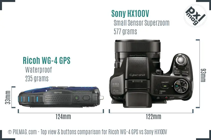 Ricoh WG-4 GPS vs Sony HX100V top view buttons comparison Ricoh WG-4 GPS vs Sony HX100V top view buttons comparison