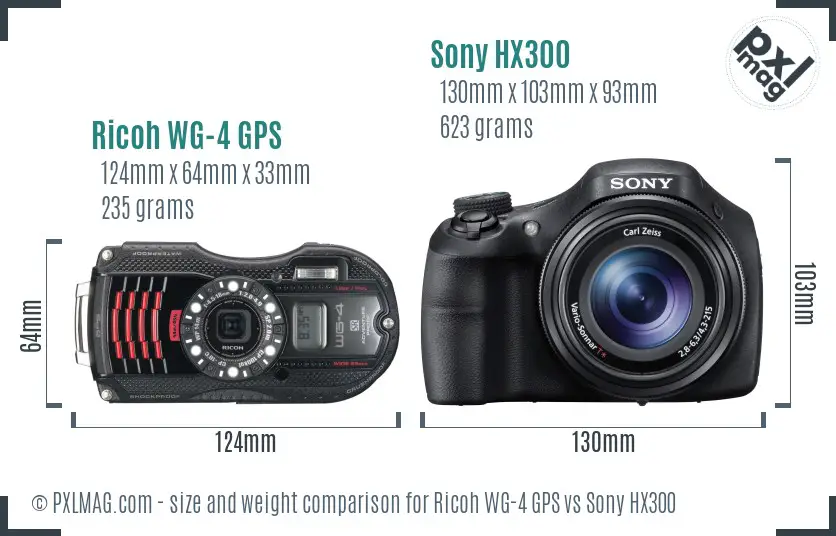 Ricoh WG-4 GPS vs Sony HX300 size comparison