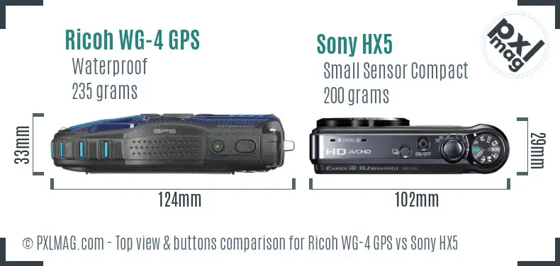 Ricoh WG-4 GPS vs Sony HX5 top view buttons comparison Ricoh WG-4 GPS vs Sony HX5 top view buttons comparison