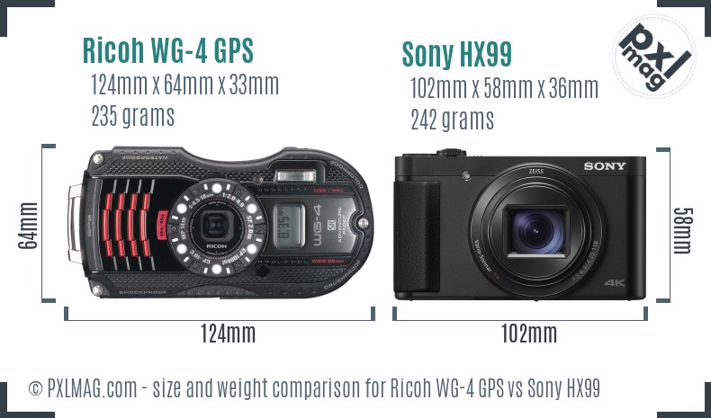 Ricoh WG-4 GPS vs Sony HX99 size comparison