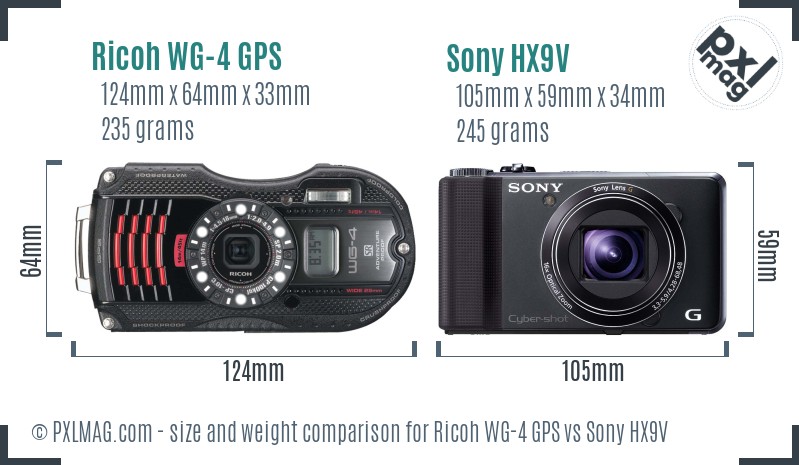 Ricoh WG-4 GPS vs Sony HX9V size comparison