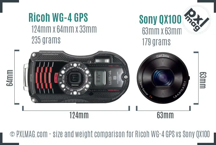 Ricoh WG-4 GPS vs Sony QX100 size comparison