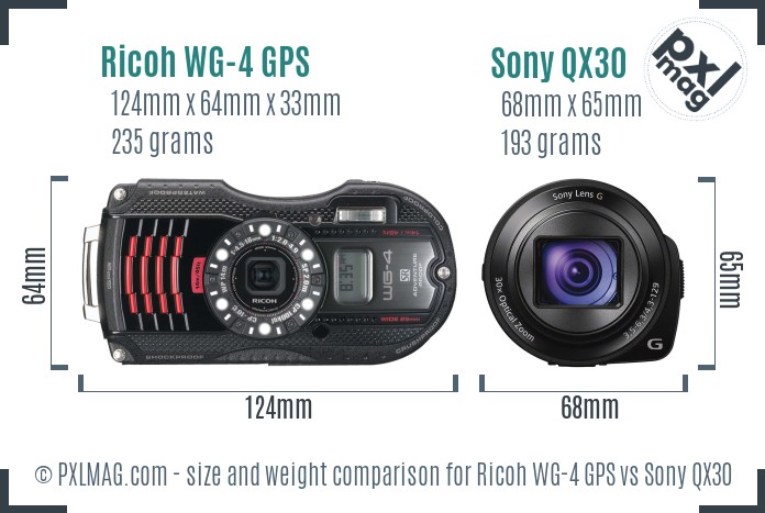 Ricoh WG-4 GPS vs Sony QX30 size comparison