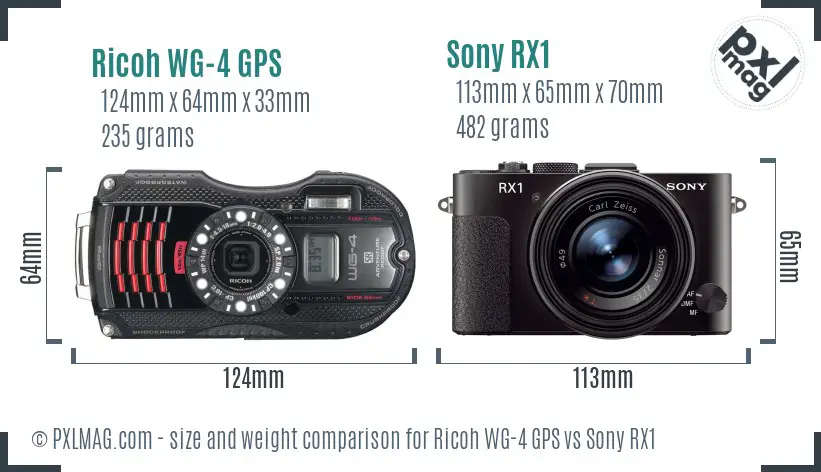 Ricoh WG-4 GPS vs Sony RX1 size comparison