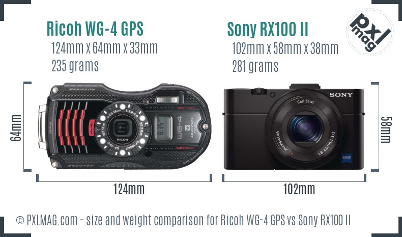 Ricoh WG-4 GPS vs Sony RX100 II size comparison