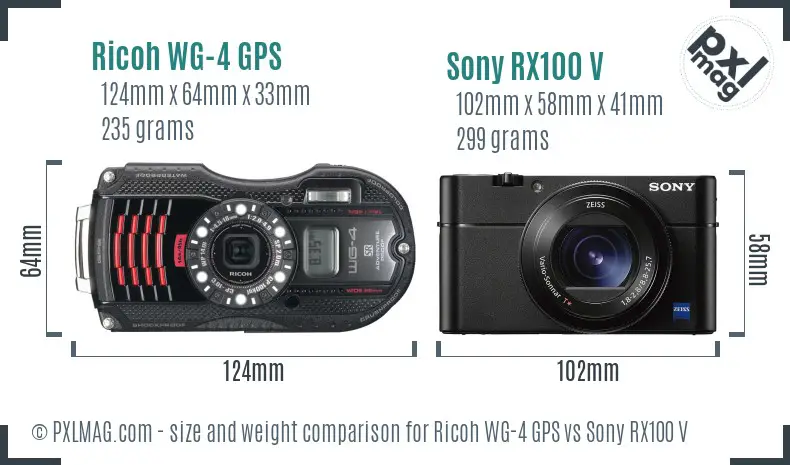 Ricoh WG-4 GPS vs Sony RX100 V size comparison