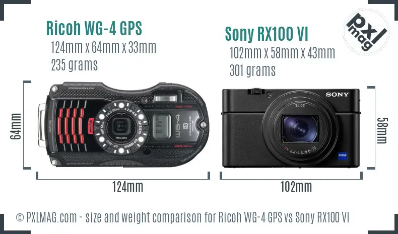 Ricoh WG-4 GPS vs Sony RX100 VI size comparison