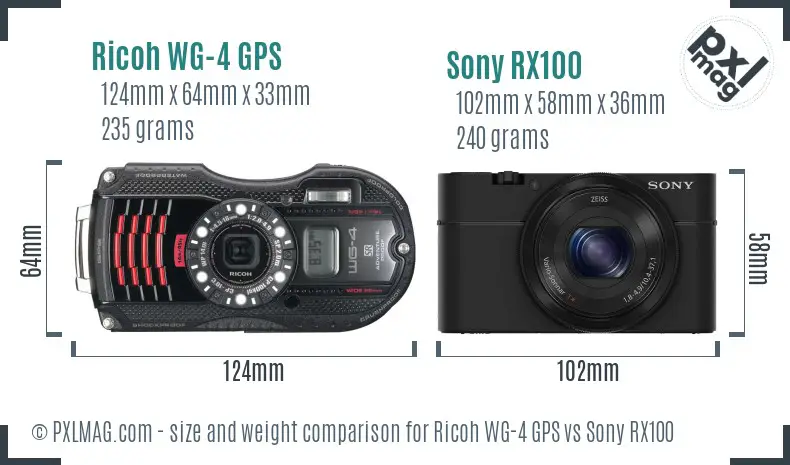 Ricoh WG-4 GPS vs Sony RX100 size comparison