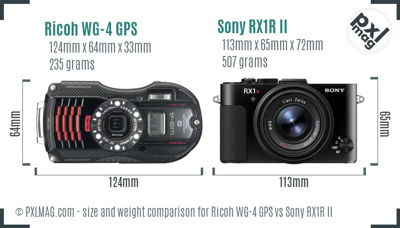 Ricoh WG-4 GPS vs Sony RX1R II size comparison