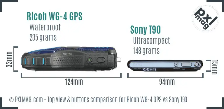 Ricoh WG-4 GPS vs Sony T90 top view buttons comparison