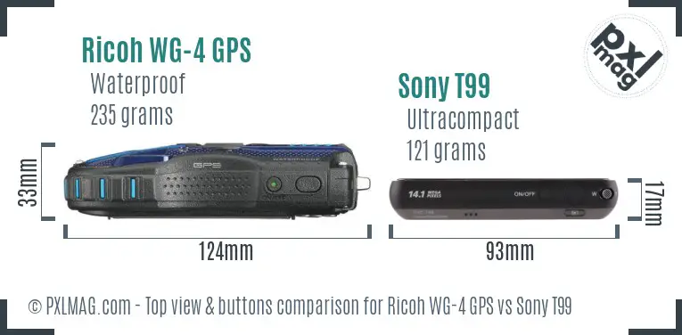 Ricoh WG-4 GPS vs Sony T99 top view buttons comparison