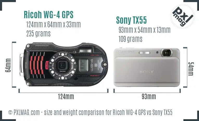 Ricoh WG-4 GPS vs Sony TX55 size comparison