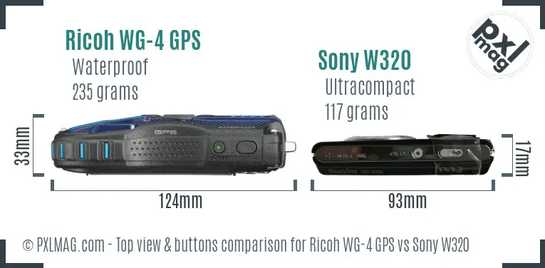 Ricoh WG-4 GPS vs Sony W320 top view buttons comparison