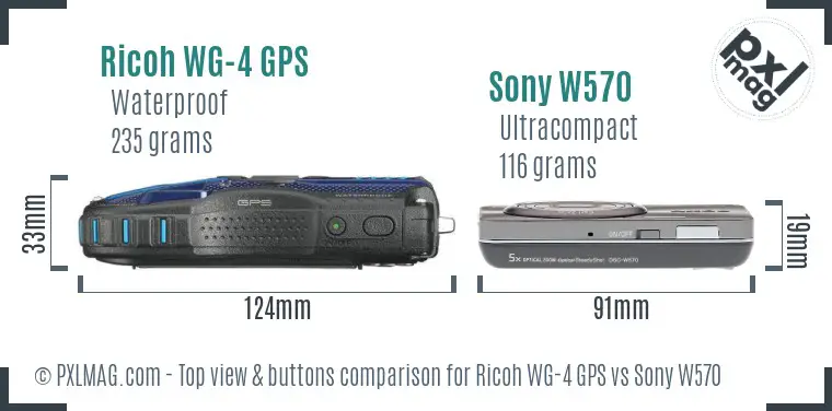 Ricoh WG-4 GPS vs Sony W570 top view buttons comparison