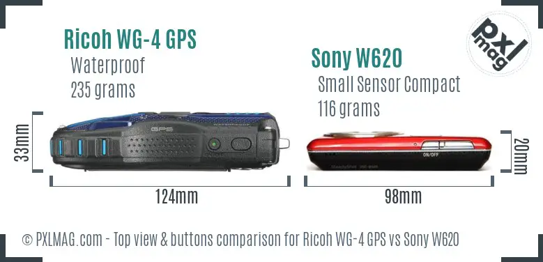 Ricoh WG-4 GPS vs Sony W620 top view buttons comparison