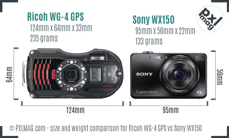 Ricoh WG-4 GPS vs Sony WX150 size comparison