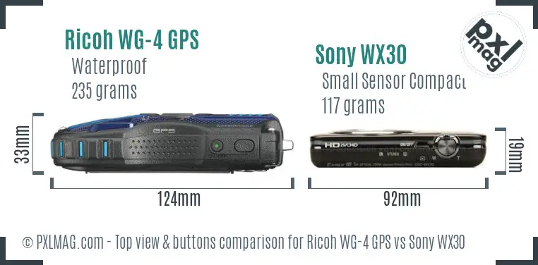Ricoh WG-4 GPS vs Sony WX30 top view buttons comparison