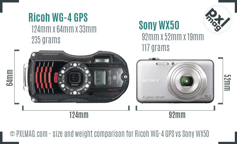 Ricoh WG-4 GPS vs Sony WX50 size comparison