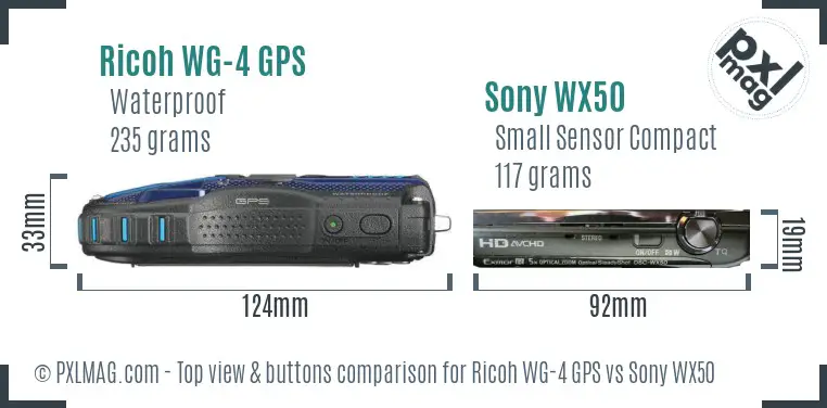 Ricoh WG-4 GPS vs Sony WX50 top view buttons comparison