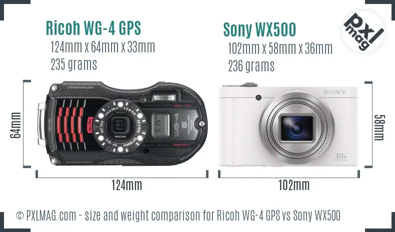 Ricoh WG-4 GPS vs Sony WX500 size comparison