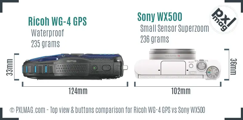 Ricoh WG-4 GPS vs Sony WX500 top view buttons comparison
