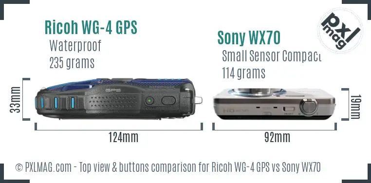 Ricoh WG-4 GPS vs Sony WX70 top view buttons comparison