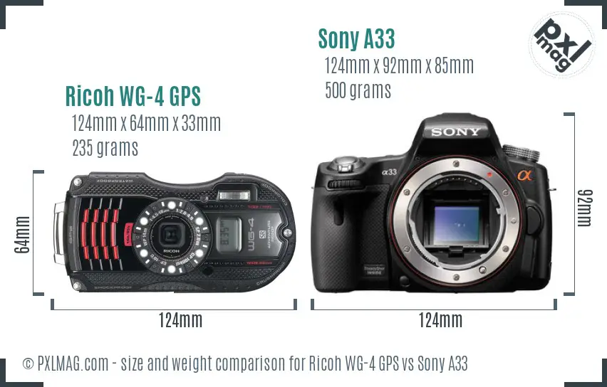 Ricoh WG-4 GPS vs Sony A33 size comparison