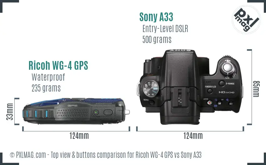 Ricoh WG-4 GPS vs Sony A33 top view buttons comparison