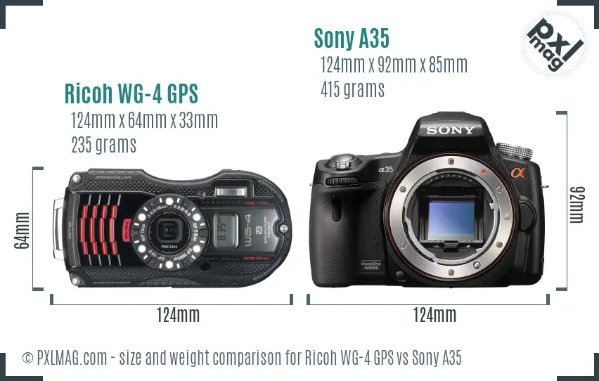 Ricoh WG-4 GPS vs Sony A35 size comparison