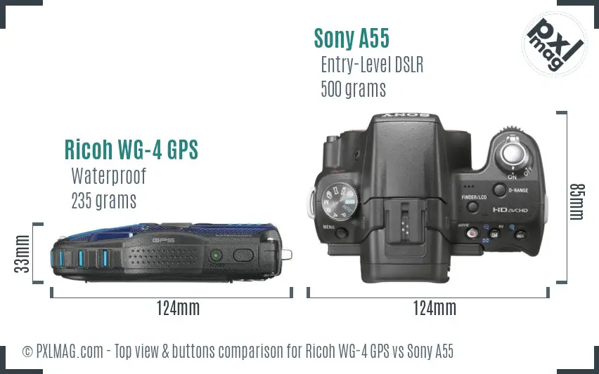 Ricoh WG-4 GPS vs Sony A55 top view buttons comparison