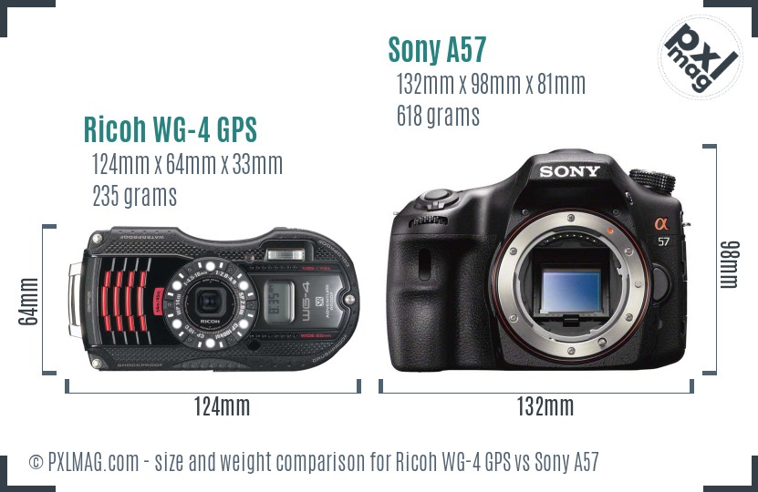 Ricoh WG-4 GPS vs Sony A57 size comparison